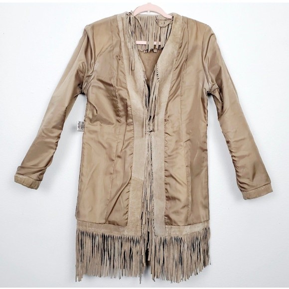 Vintage 90s Y2K SUEDE Fringe Boho Coat Jacket Maxi Cardigan Sz Medium Pig Split - Picture 4 of 10